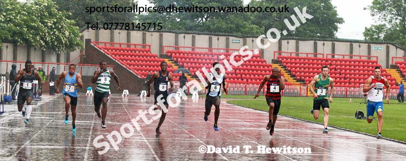No 6 Edmond Amaning (TVH) wins from No. 2 Christian Carson (Gateshead) 2nd and No. 4 Marvin Popoola (HHH) 3rd in the 100 metres, British National League, Division 1, Gateshead. Photo: David T. Hewitson/Sports for All Pics